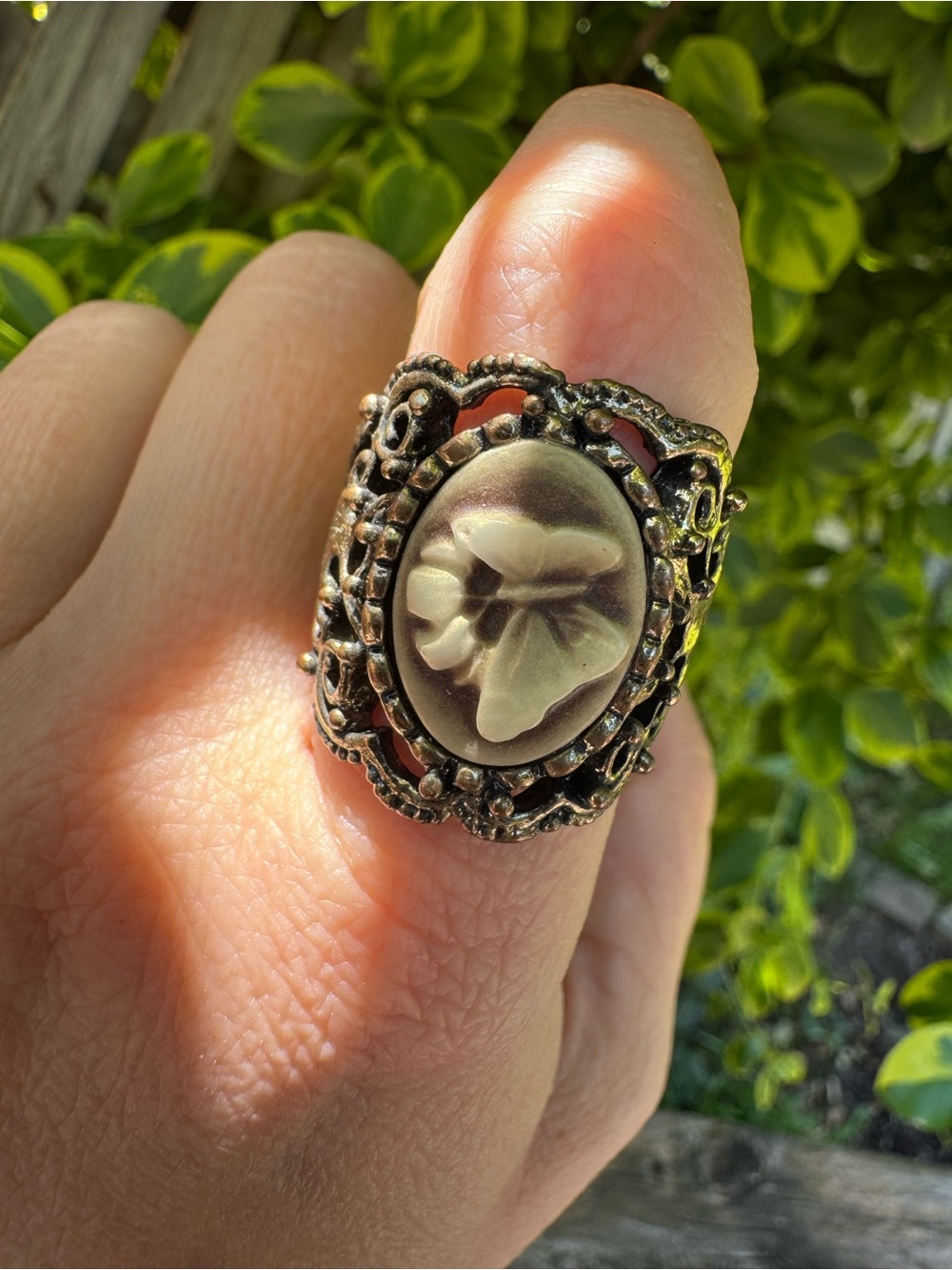 Antique-Style Carved Butterfly Cameo Statement Ring in Bronze and Cream